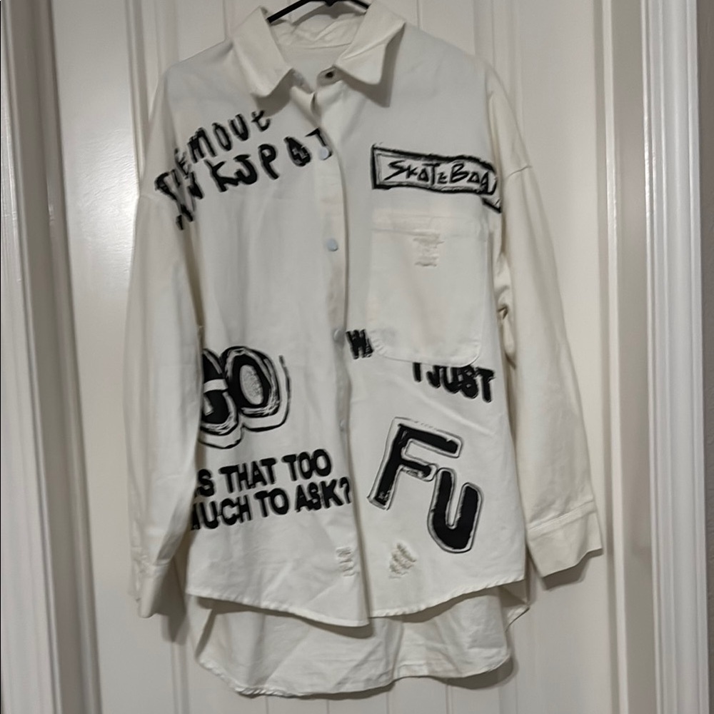 LA Rose White Graphic Button-Up Shirt oversized